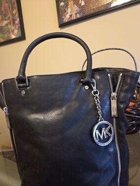 Michael Kors Black Leather Shoulder Tote with MK Charm Very Good